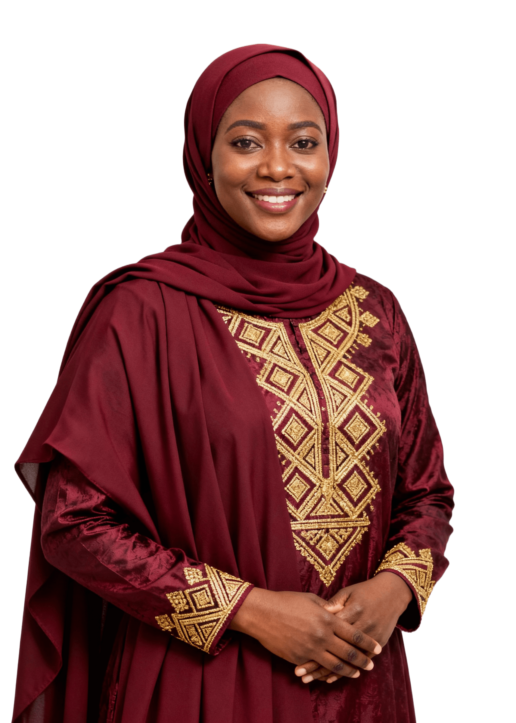 Woman wearing burgundy hijab and embroidered bubu