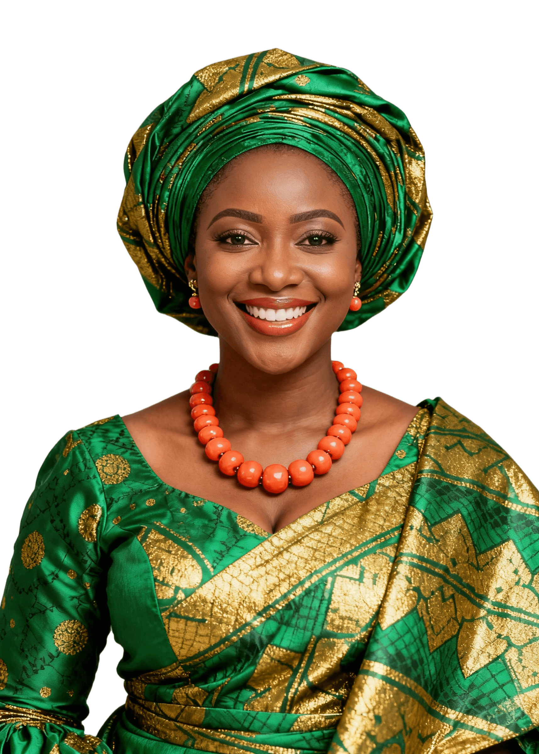 Woman dressed in aso-oke wrapper with coral beads